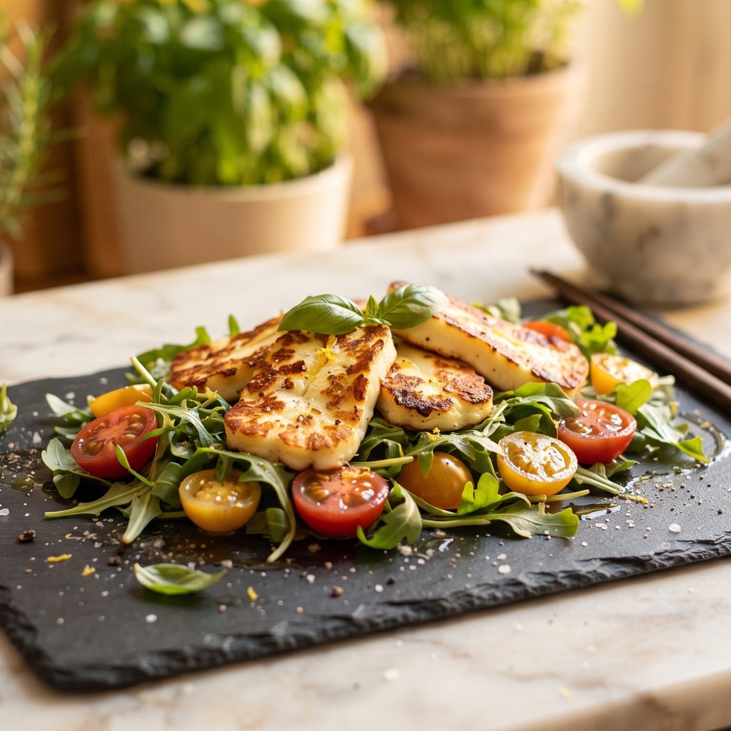 Roquette, saumon fumé, halloumi grillé et olives