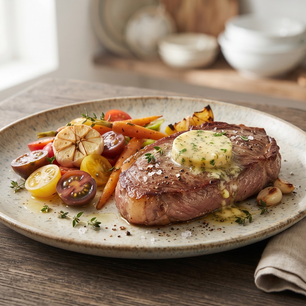 Faux-filet grillé, beurre à l'ail et persil