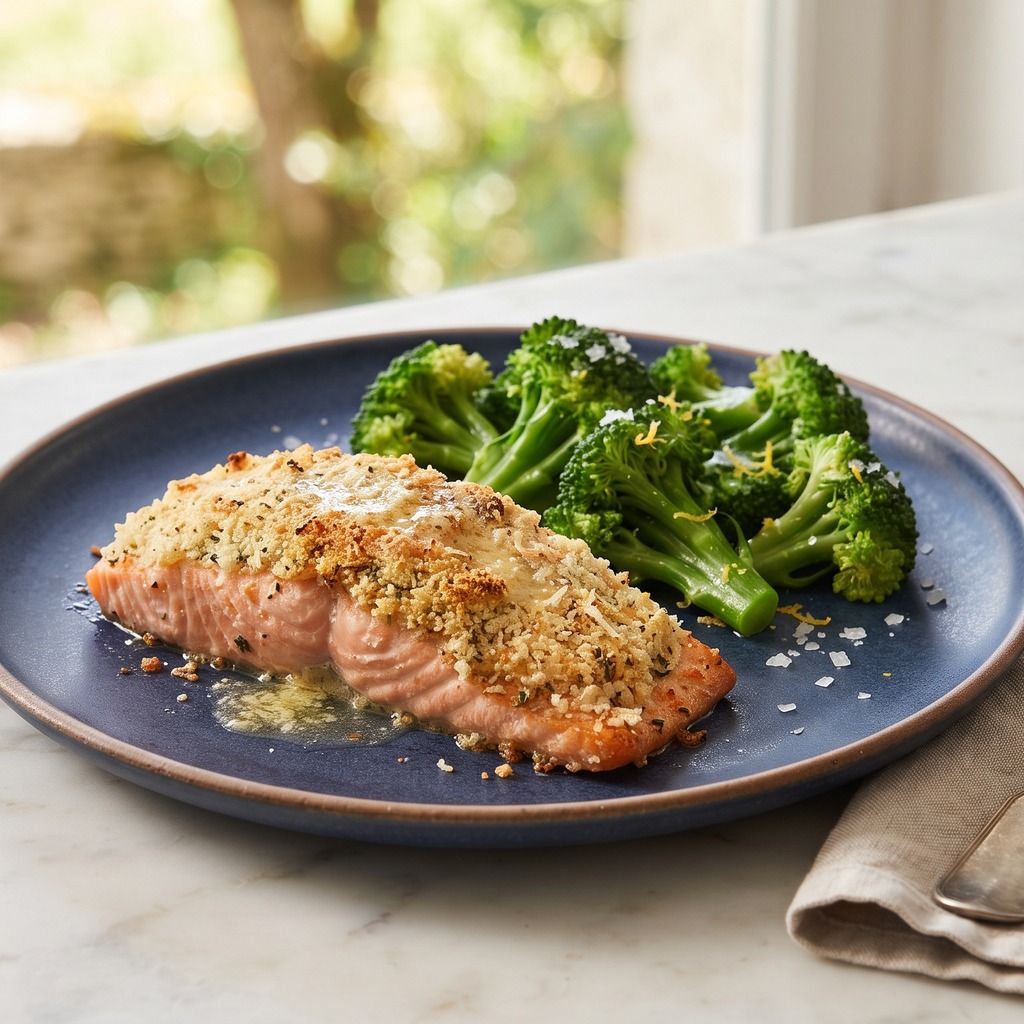 Saumon en croûte de parmesan, brocoli vapeur