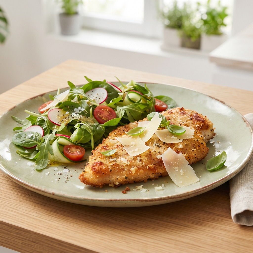 Escalopes de dinde panées au parmesan, salade verte